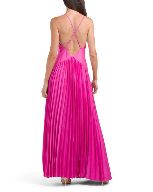 Spaghetti Strap Deep V Pleated Maxi Dress