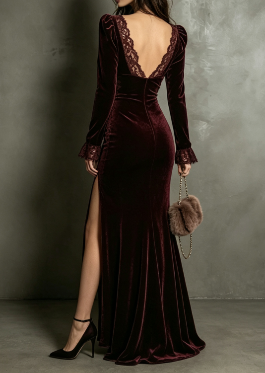 Red Velvet Lace Long Dress-Deep V-Neck Fishtail Dress