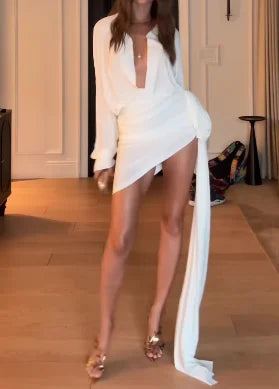 Plunging Deep V-Neck Long Sleeve Draped Mini Dress with Side Sash Train