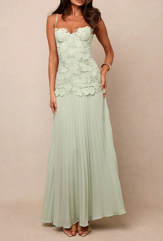 Mint Green Lace Bodice Maxi Dress – Pleated Chiffon Spaghetti Strap Gown