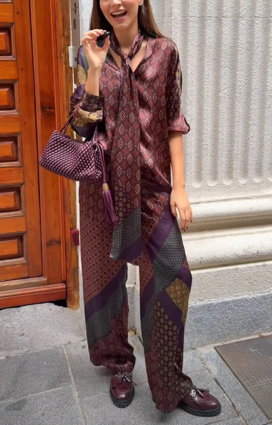 Vintage Geometric Print Satin Tie-Neck Blouse and Wide-Leg Pants Two-Piece Set