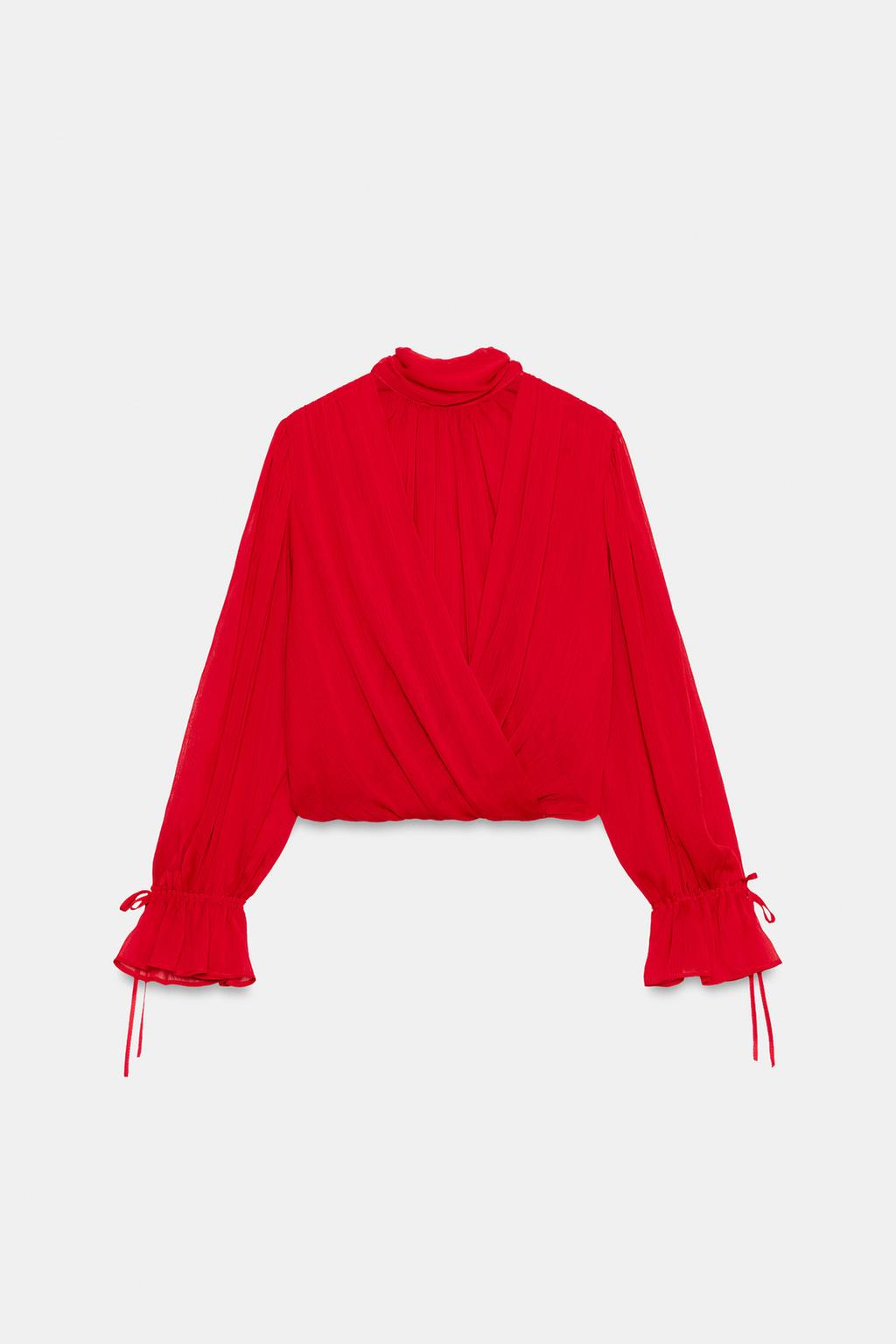 Conjunto de 2 peças: blusa drapeada de gola subida e calças de perna larga