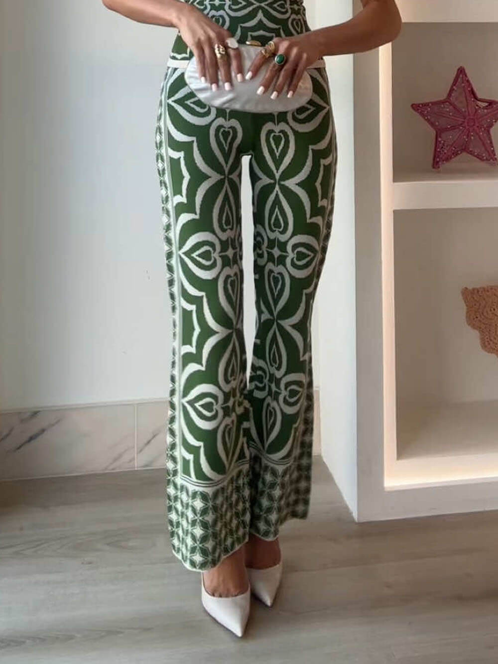 Spring-Inspired Tile Print Slim-Fit Stretch Knit Jacquard Pants