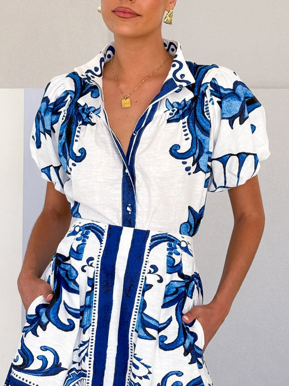Exquisite Painted Floral Print Puff Sleeve Loose Shirt
