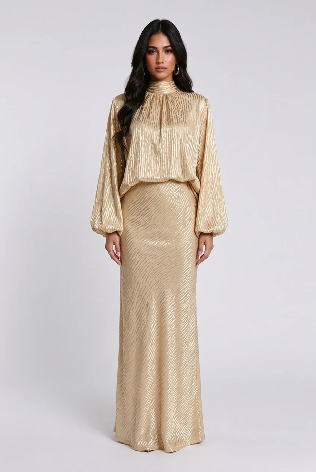 Champagne Gold High Neck Balloon Sleeve Blouse and Maxi Skirt Two Piece Set