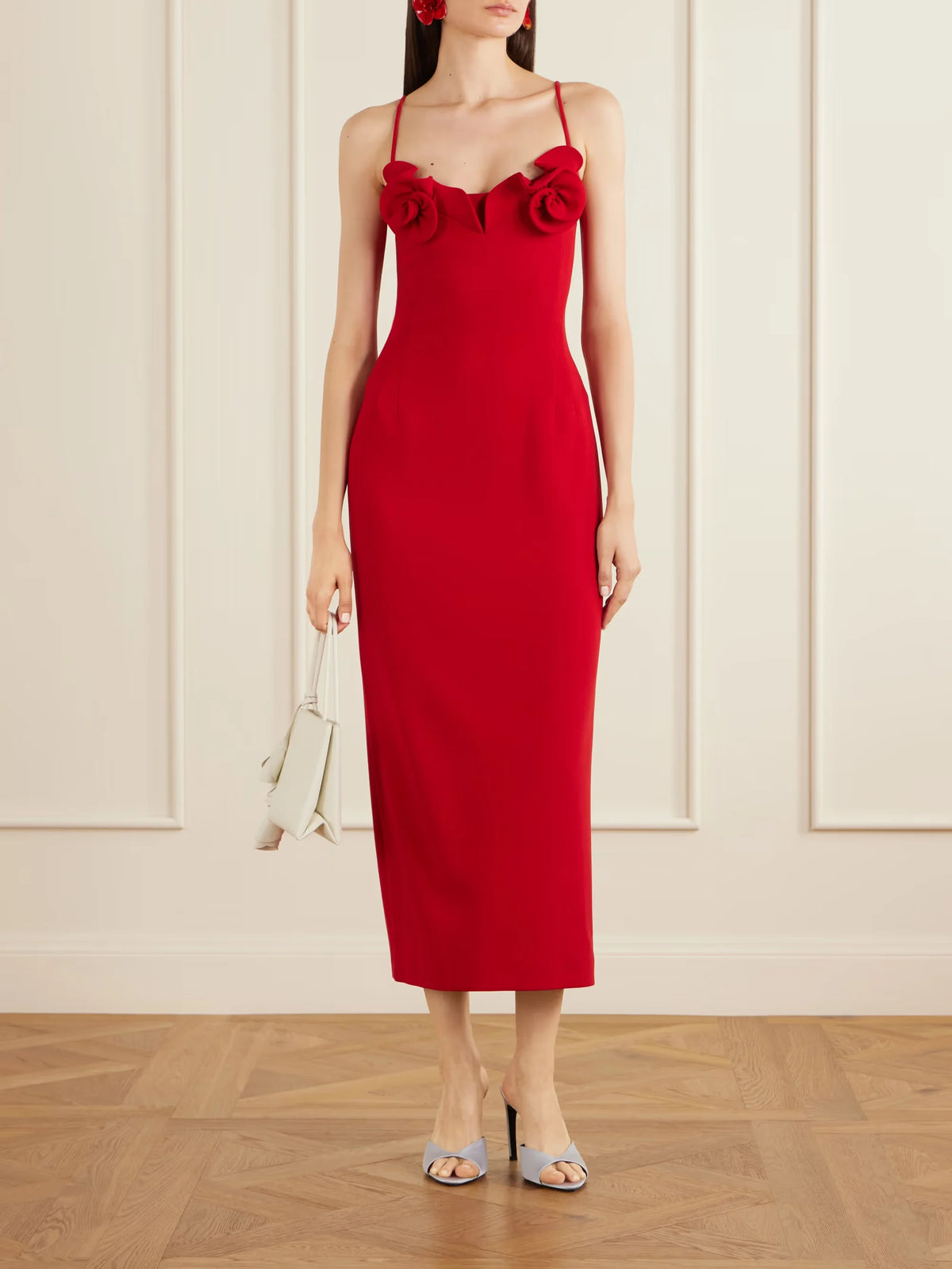 Red Rosette Sweetheart Neck Spaghetti Strap Slim Fit Maxi Dress