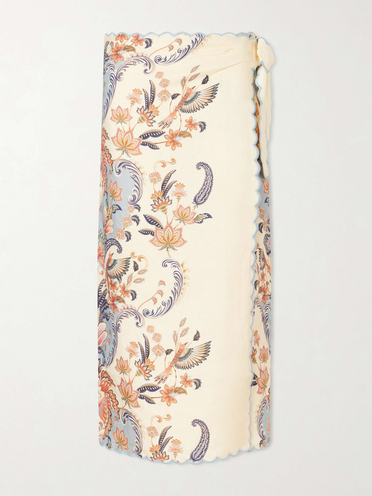 Vintage Chinoiserie Print Two-Piece Set – Scalloped Edge Frog-Closure Top & Wrap Midi Skirt