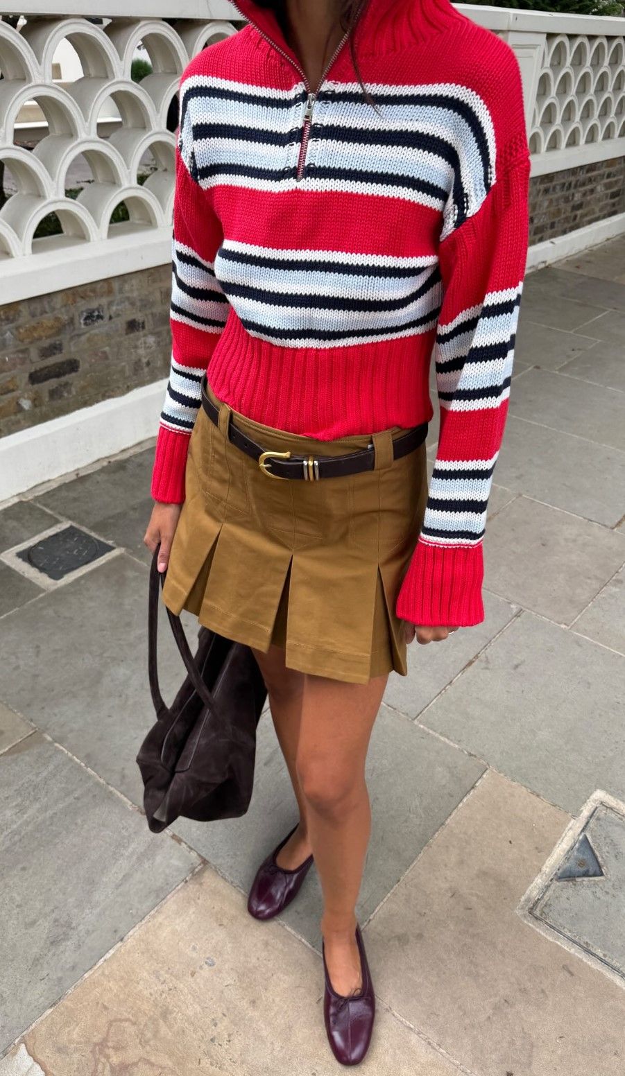 Striped Half Zip Knit Top & Khaki Pleated Mini Skirt Set