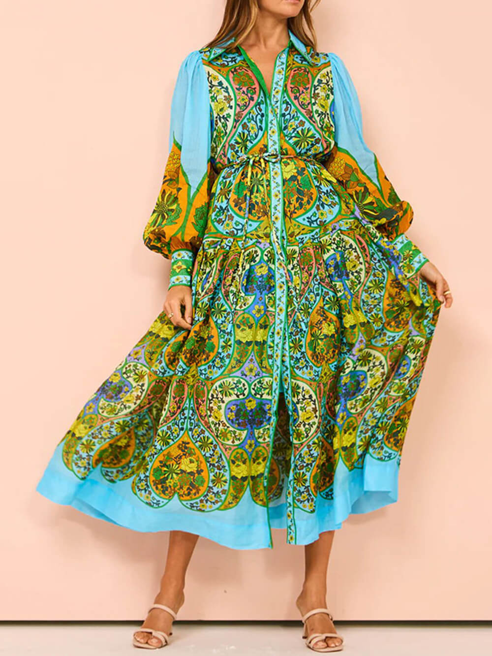Robe cardigan à imprimé ethnique, à revers à lacets et manches longues