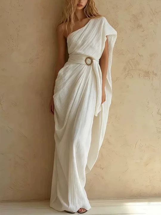 One Shoulder Draped Belted Textured Maxi Dress