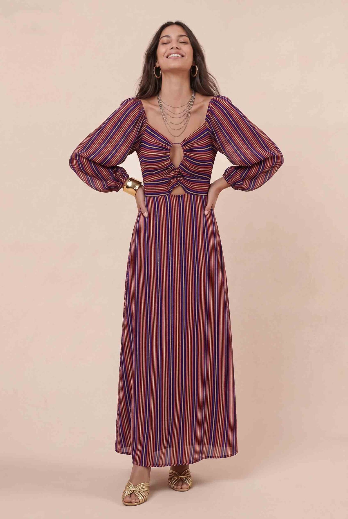 Hollow Design Striped Maxi Dress