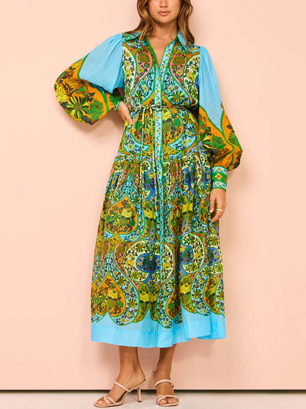 Robe cardigan à imprimé ethnique, à revers à lacets et manches longues