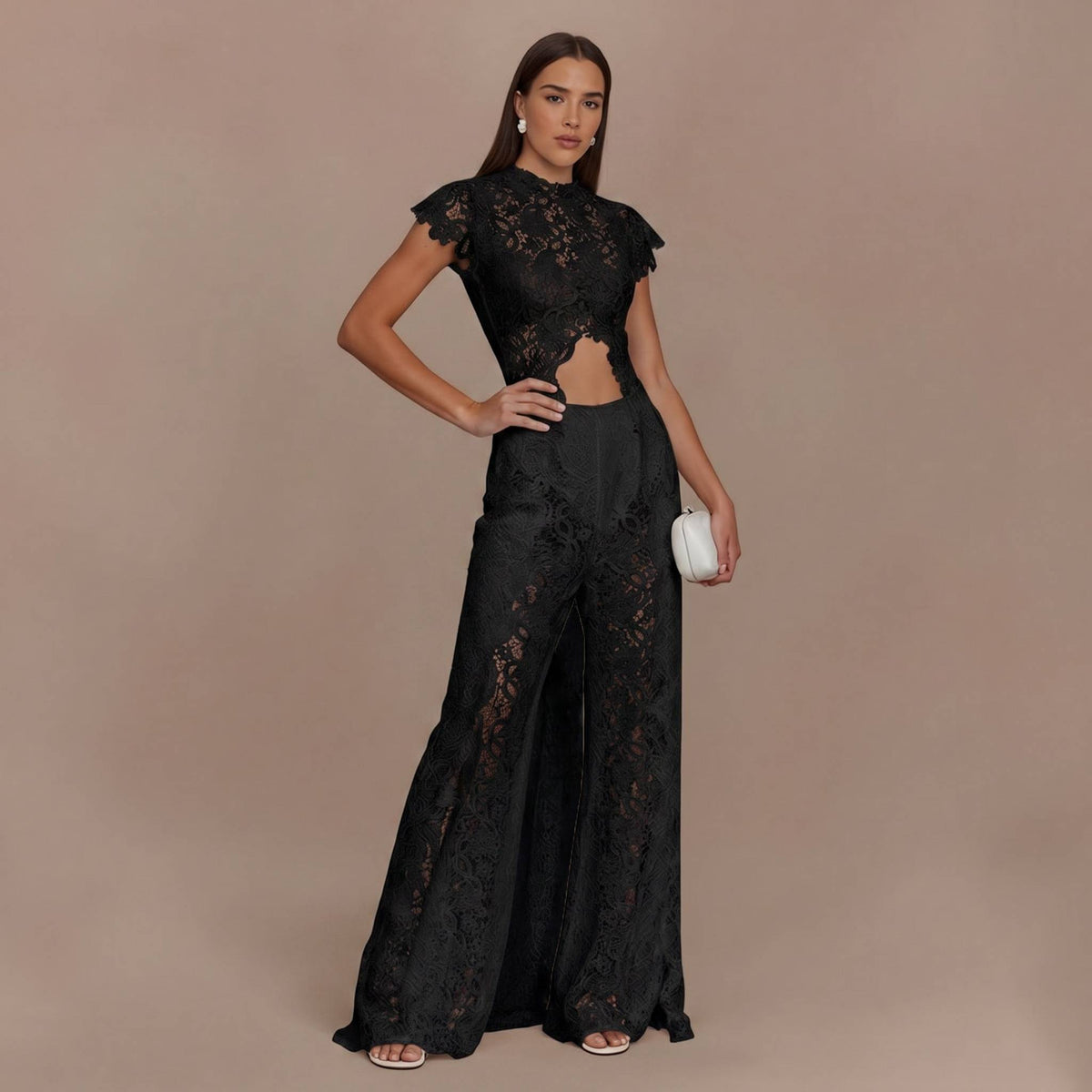 Lace Long-sleeved Top And Wide-leg Pants Set