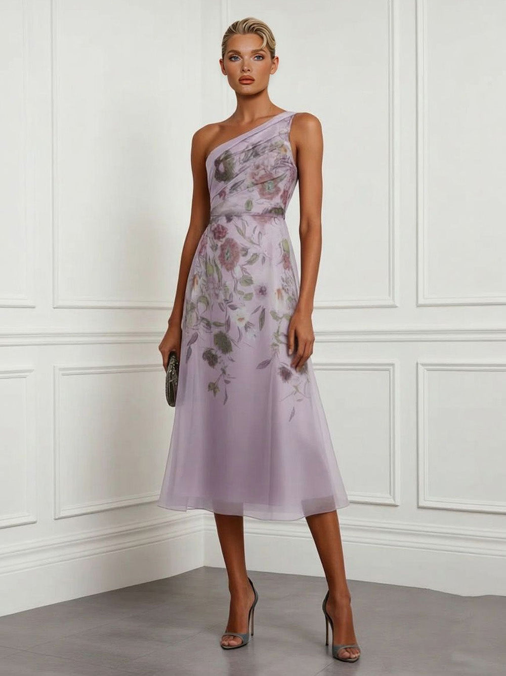 Robe midi élégante à une épaule, en tulle à imprimé floral