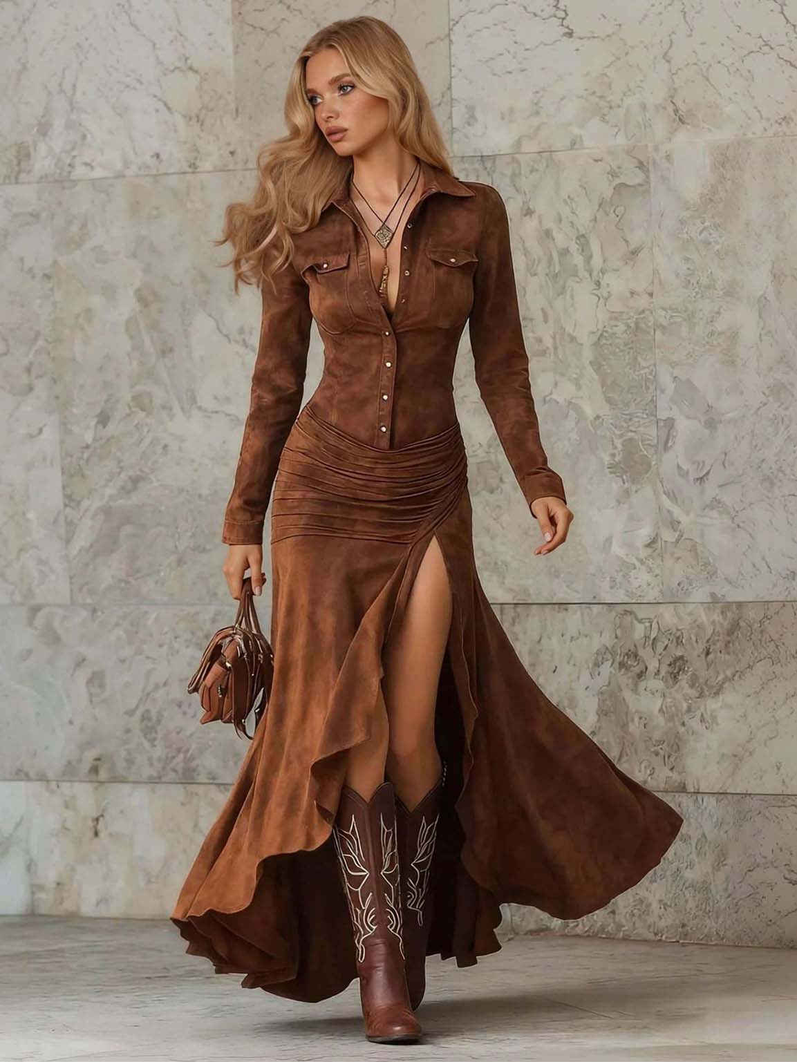 Retro Irregular Ruffled Collared Maxi Dress
