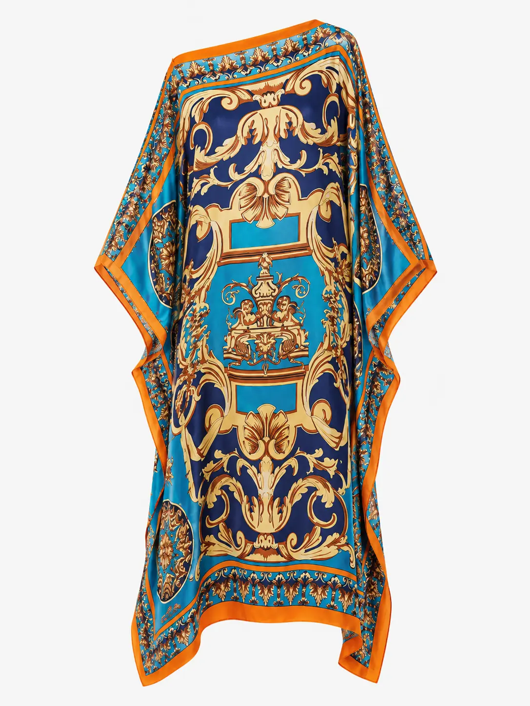 Caftan azul e dourado com padrão barroco, um ombro descoberto, comprido e semelhante à seda, para usar por cima do fato de banho