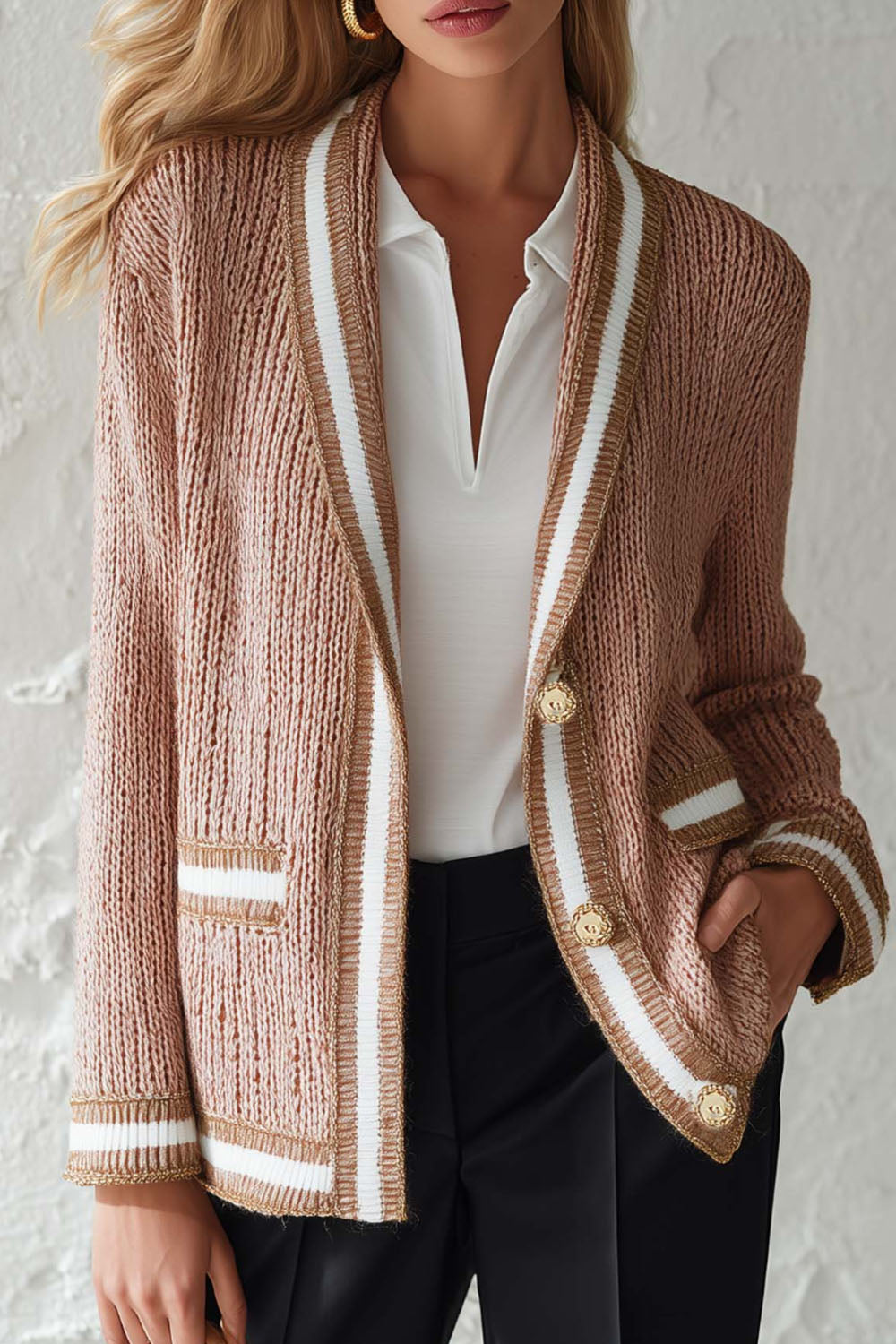 Women Striped Trim Knit Cardigan Jacket