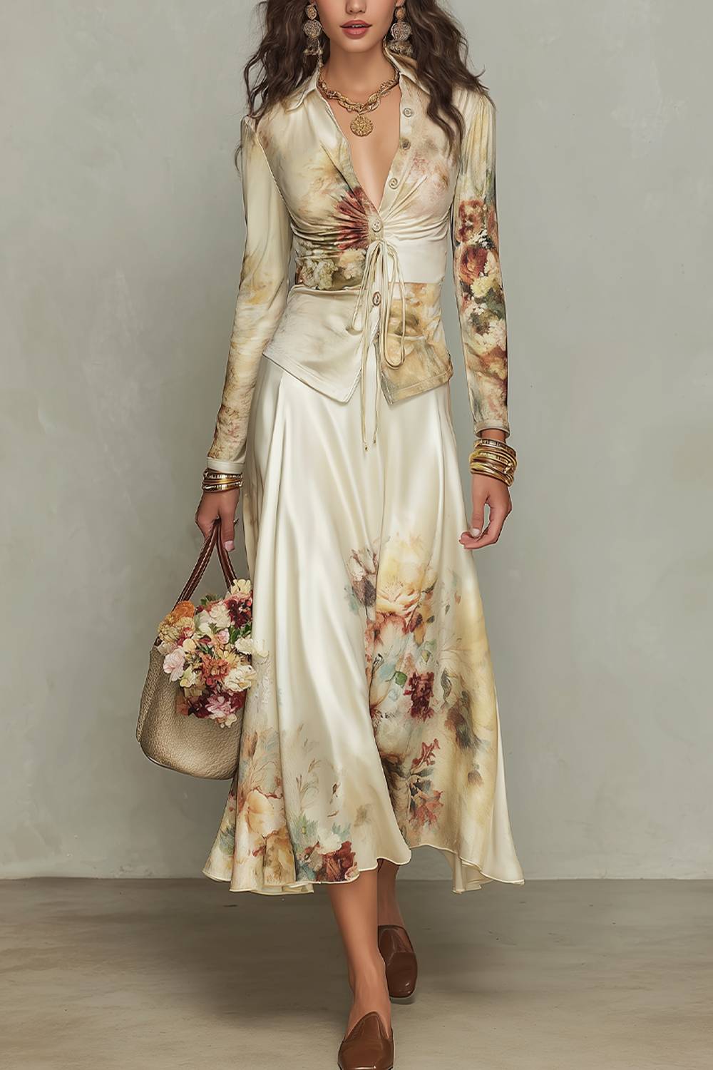 V‑Neck Collared Drawstring‑Tie Floral Print Long Sleeve Top & Flared Midi Skirt Two‑Piece Set