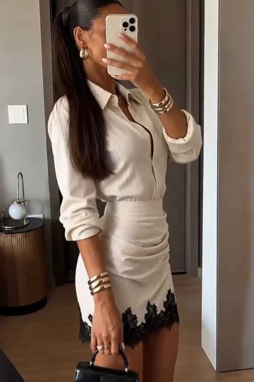 Striped Button Down Shirt and Lace Trim Ruched Mini Skirt Two Piece Set