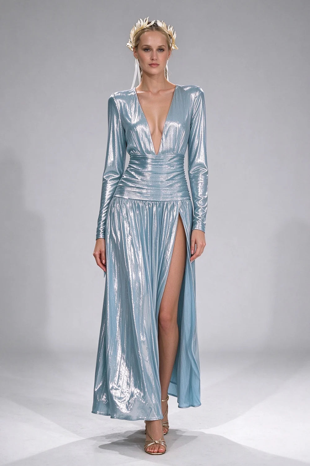 Metallic Plunging V-Neck Long Sleeve High Slit Evening Maxi Dress