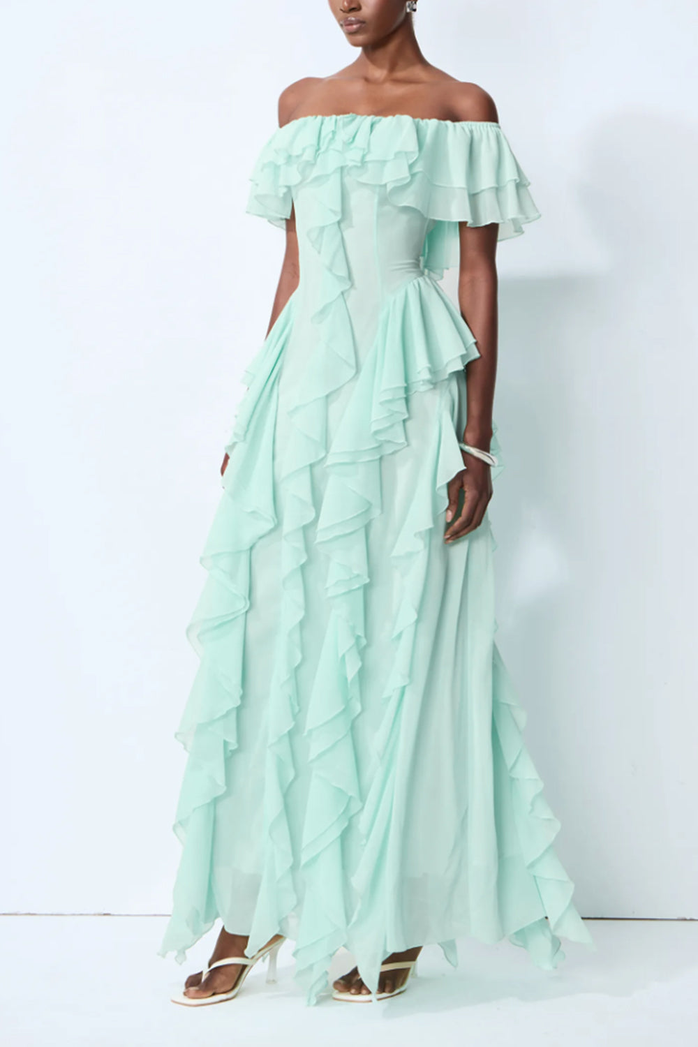 Off Shoulder Ruffled Chiffon Maxi Formal Dress