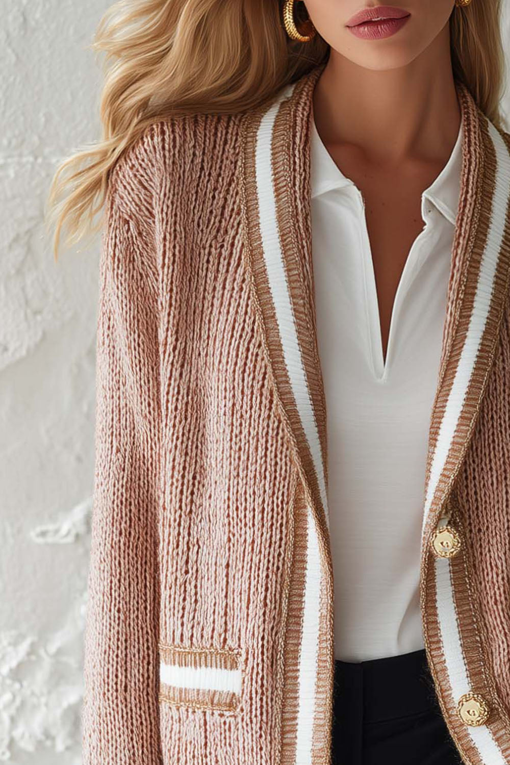 Women Striped Trim Knit Cardigan Jacket