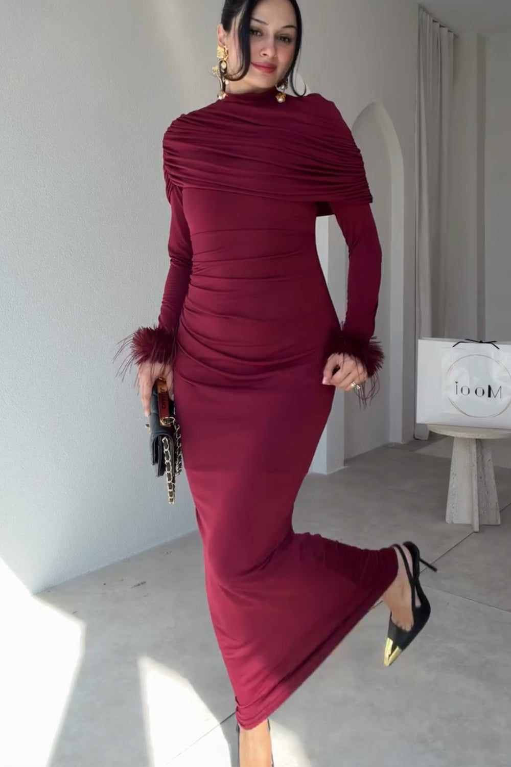 Women High Neck Ruched Cape Maxi Dress