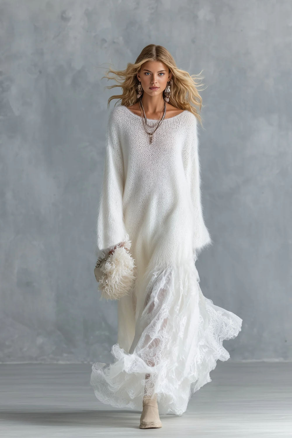 Boho Fuzzy Knit Lace Maxi Dress