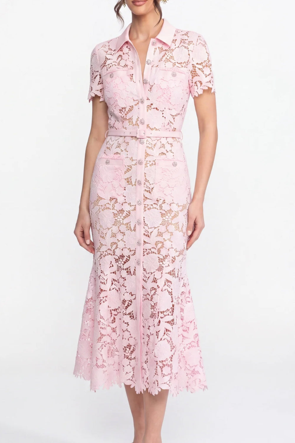 loral Lace Belted Midi Shirt Dress