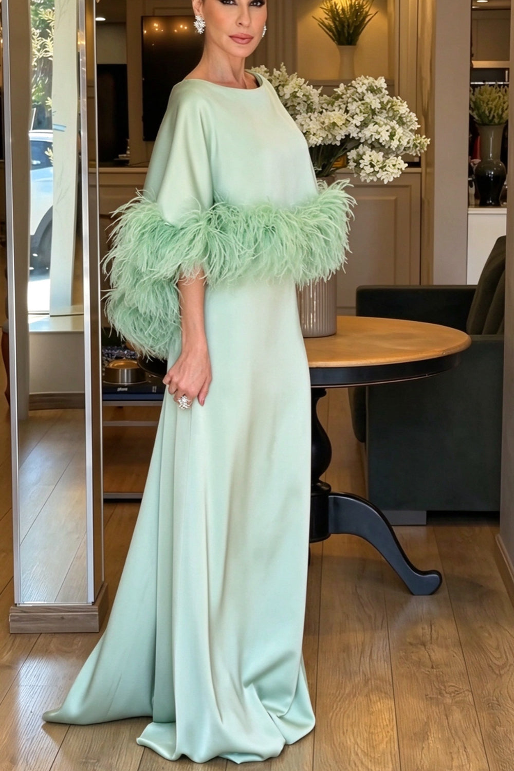 Satin Feather Cape Maxi Formal Gown