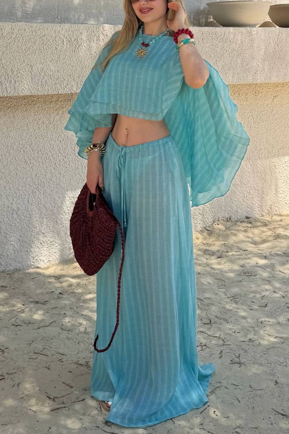 Striped Cape‑Sleeve Cropped Top & Drawstring Waist Wide‑Leg Pants Two‑Piece Set