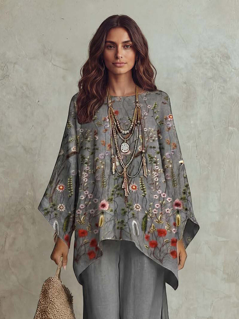 Completo a due pezzi con stampa retrò bohémien, camicia con maniche a pipistrello e pantaloni