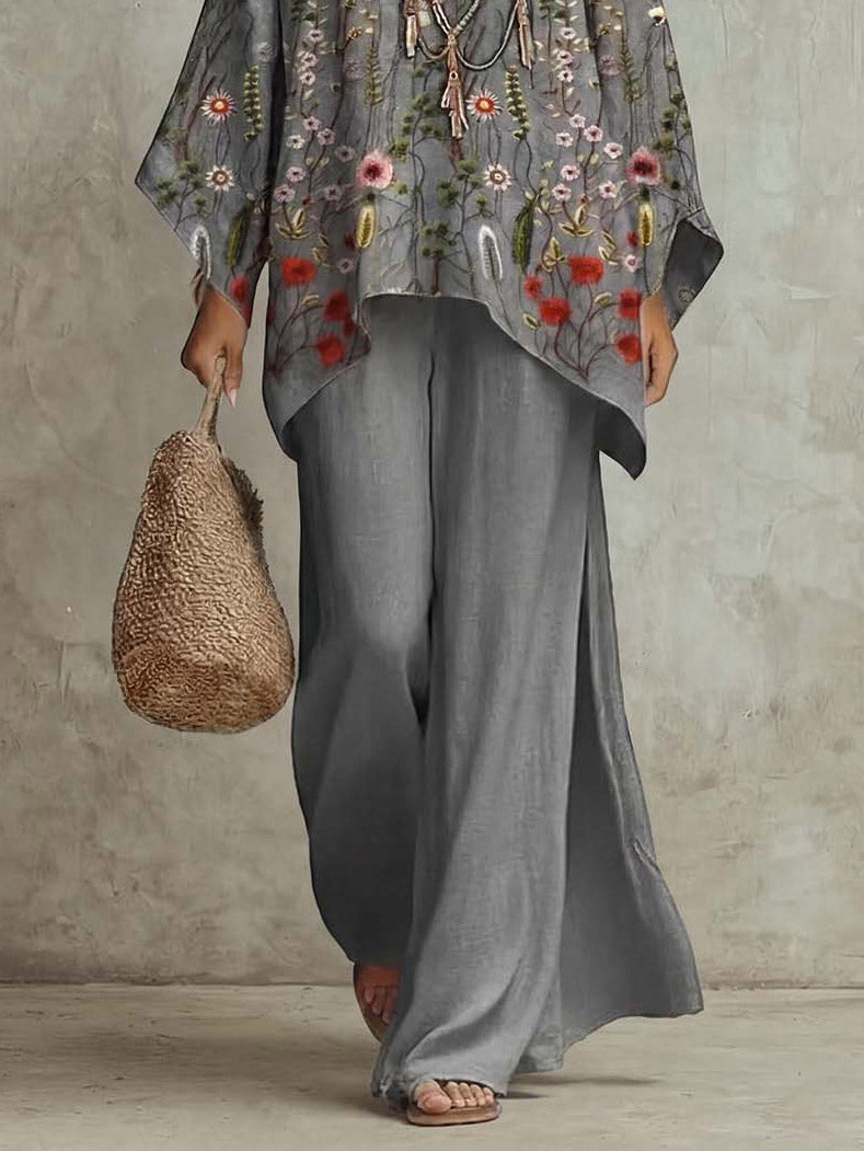 Completo a due pezzi con stampa retrò bohémien, camicia con maniche a pipistrello e pantaloni