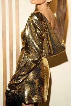 Gold Sequin Long Sleeve Mini Dress Elegant High Neck Bodycon Cocktail Dress [erp-image:e33b3cbbe9d359f892b56fdd]