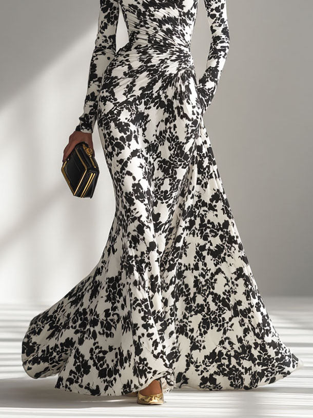 Robe longue décontractée à imprimé abstrait, col montant, plis et coupe sirène