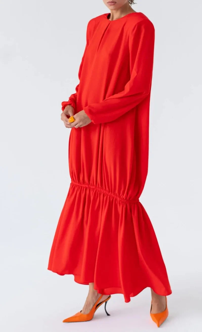 Red Padded Shoulder Long Sleeve Drop Waist Maxi Dress with Flounce Hem [erp-image:7acc4058f9946de70ad93232]