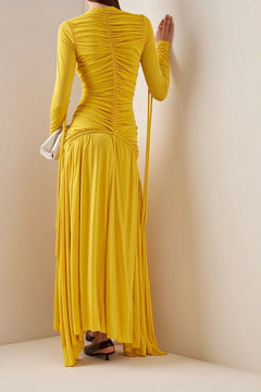 Bright Yellow Ruched V-Neck Long Sleeve Maxi Dress with Draped Hem [erp-image:aff8de48ef59baa5a68fbb1e]