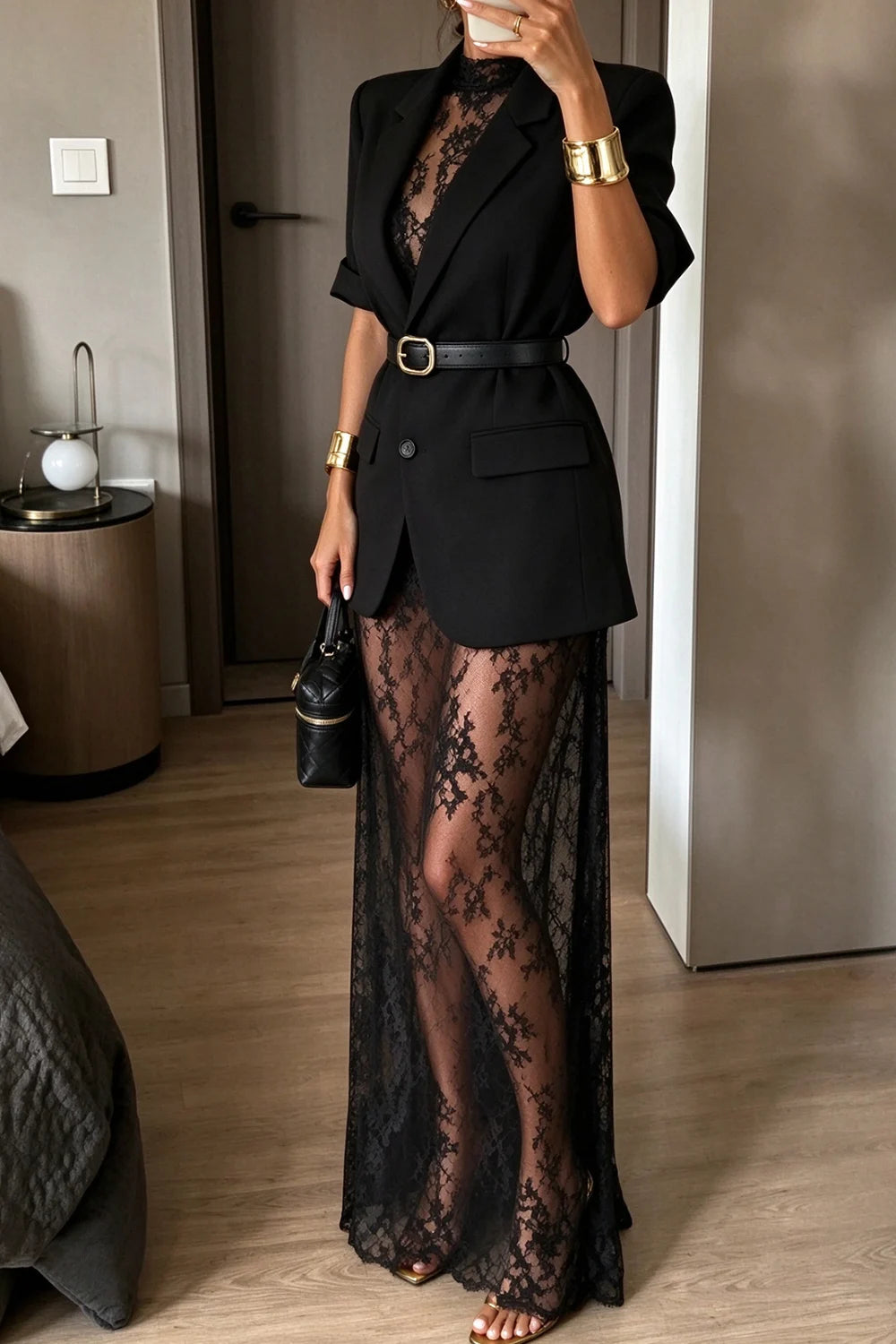 Black Short Sleeve Blazer Jacket and Sheer Lace Maxi Dress Two Piece Set