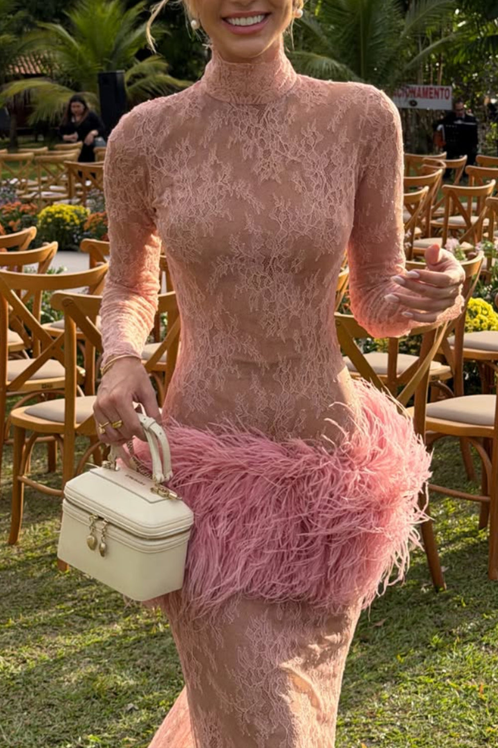 Lace Long Sleeve Feather Trim Maxi Evening Dress