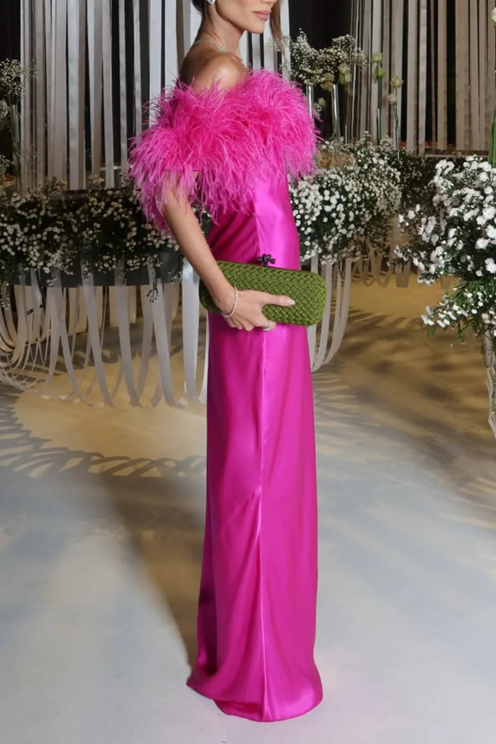 Feather Trim Off-the-Shoulder Satin Column Maxi Dress