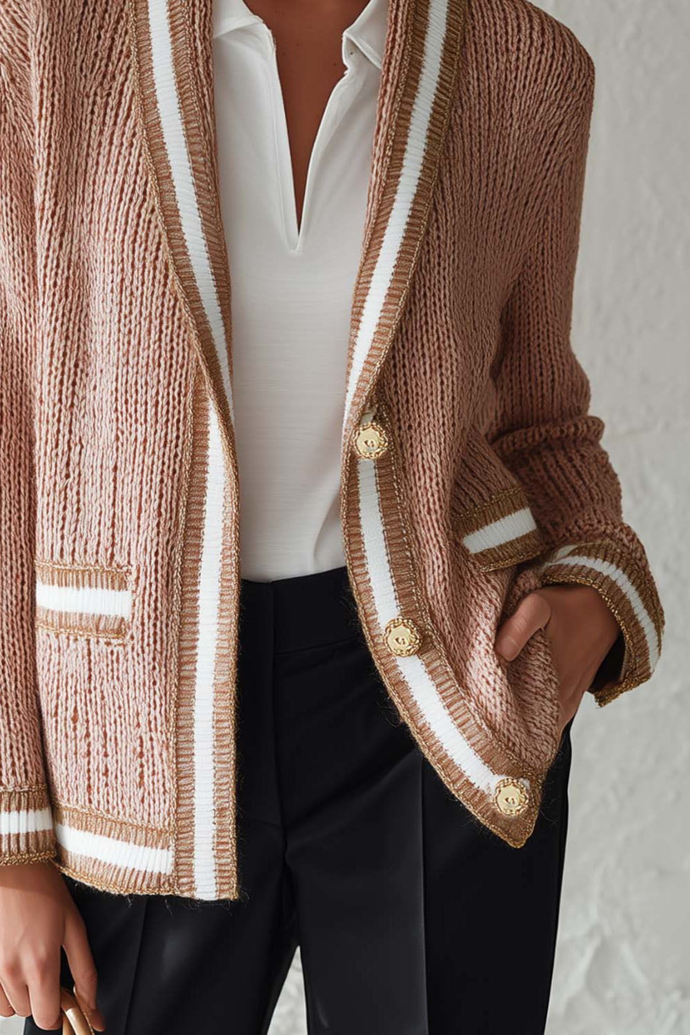 Women Striped Trim Knit Cardigan Jacket