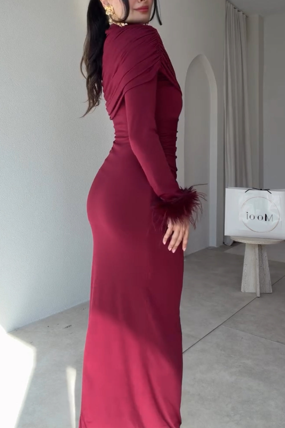 Women High Neck Ruched Cape Maxi Dress