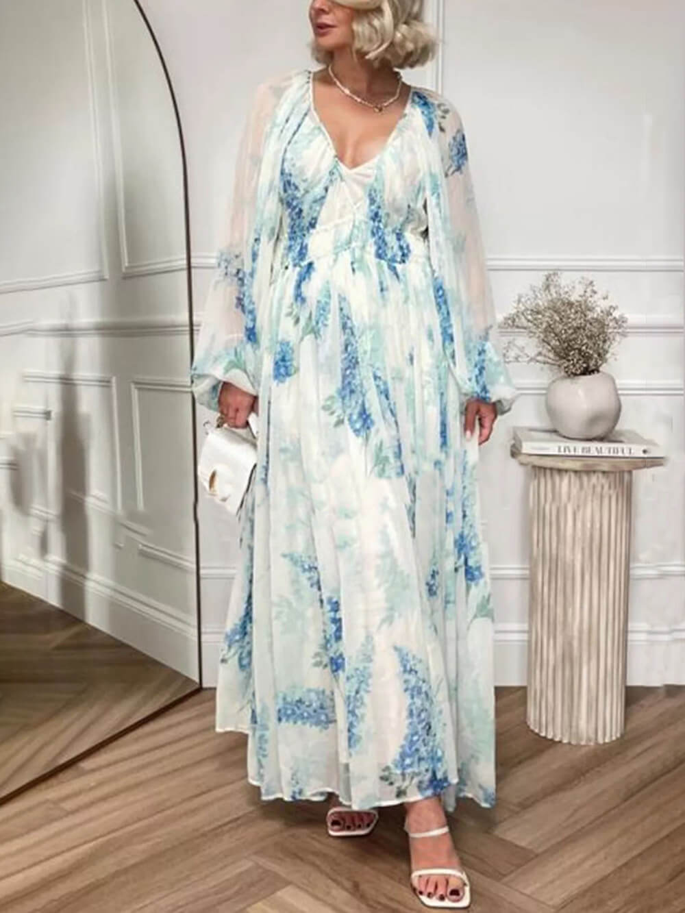 Maxikleid aus Chiffon mit Blumenprint, Ozeanblüten und Tunnelzug an der Taille