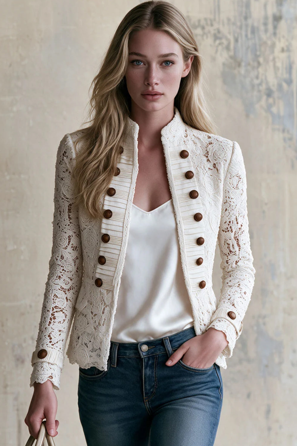 Women's Elegant Floral Lace Stand Collar Jacket