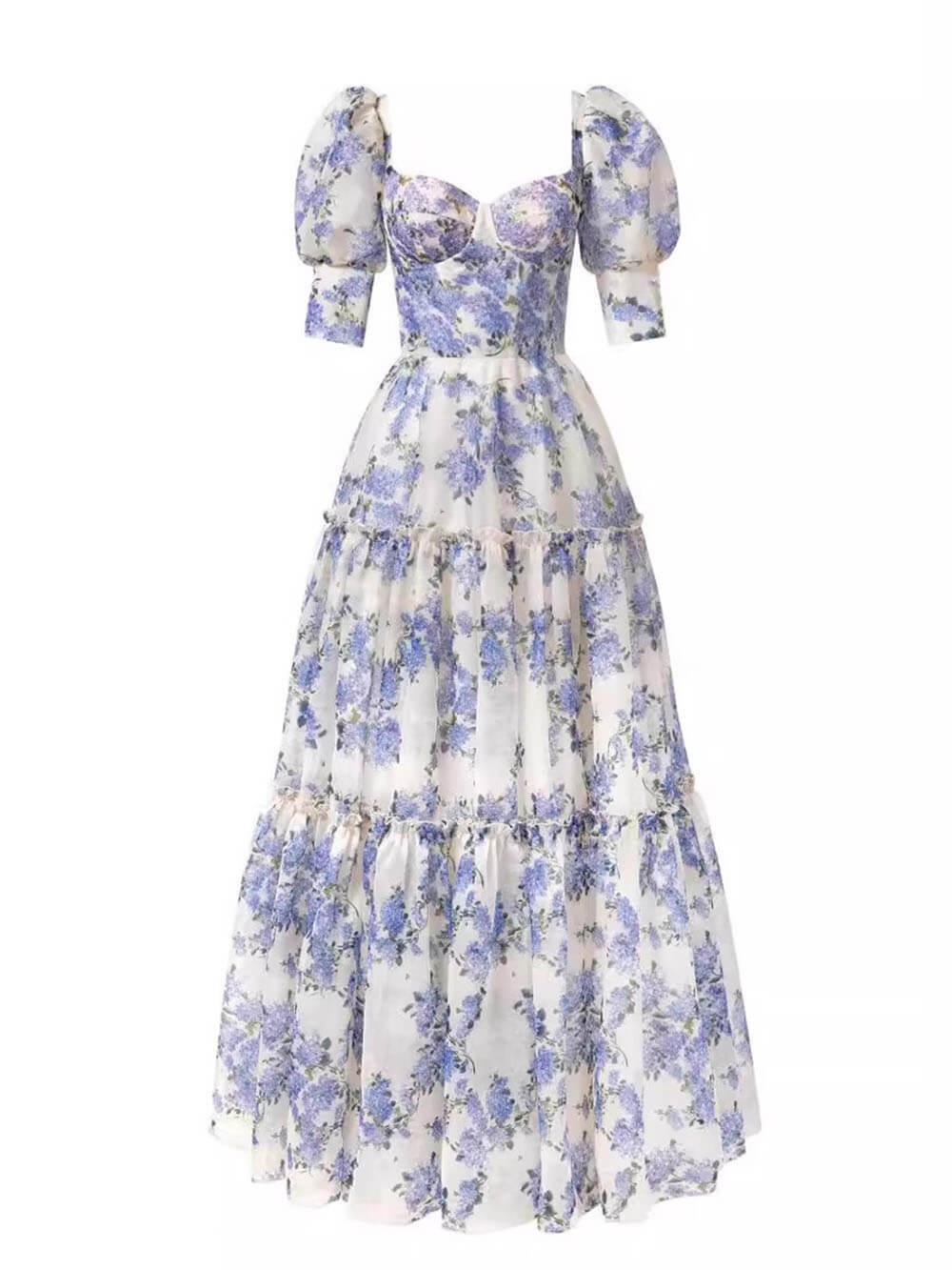 Robe longue de soirée élégante et tendance, à épaules dénudées, imprimée en organza