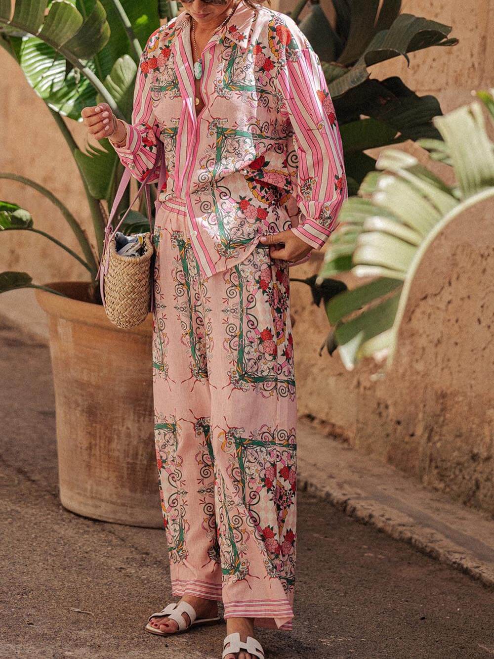 Unique Charm Floral Print Elastic Waist Pocketed Pants