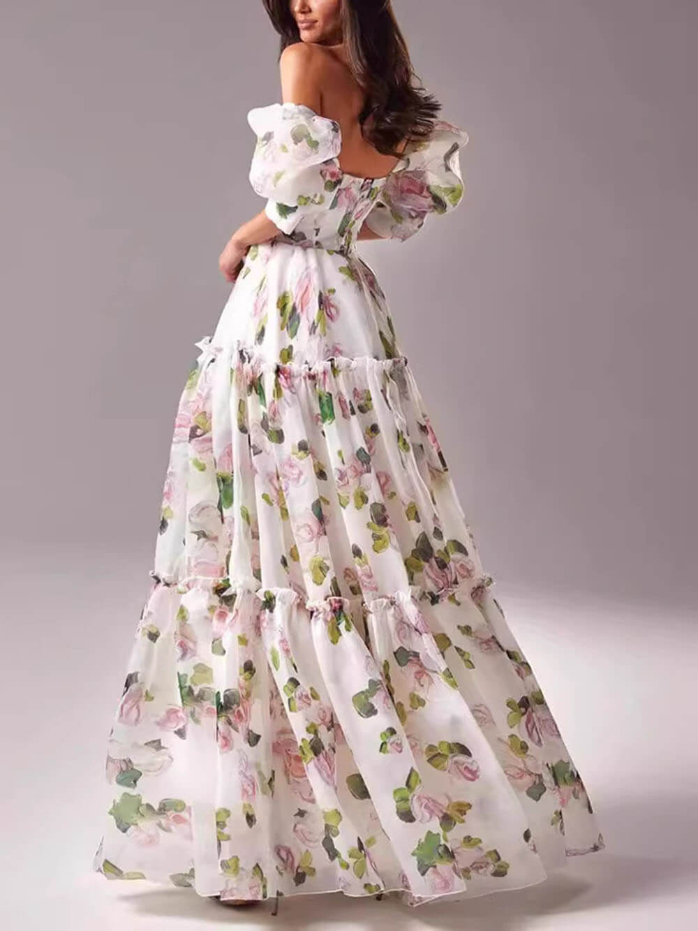 Robe longue de soirée élégante et tendance, à épaules dénudées, imprimée en organza