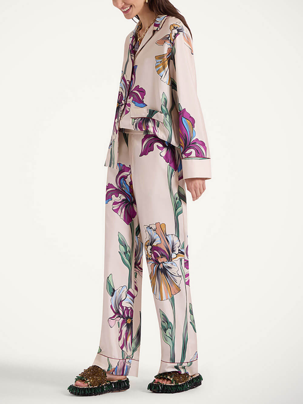 Chemise ample oversize décontractée à revers, imprimé floral unique et fermeture boutonnée