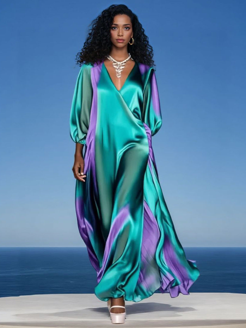 Luxuriöses Satin-Maxikleid mit Farbverlauf und V-Ausschnitt