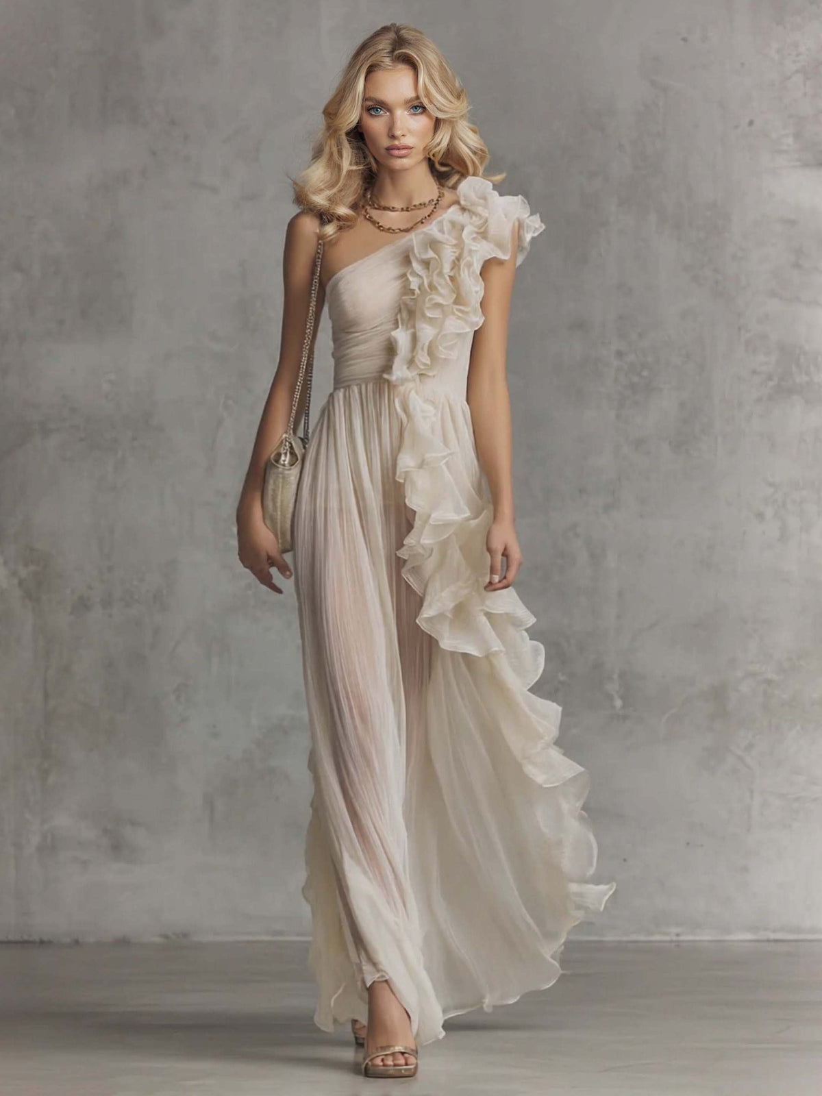 Elegante abito lungo plissettato in chiffon monospalla con volant